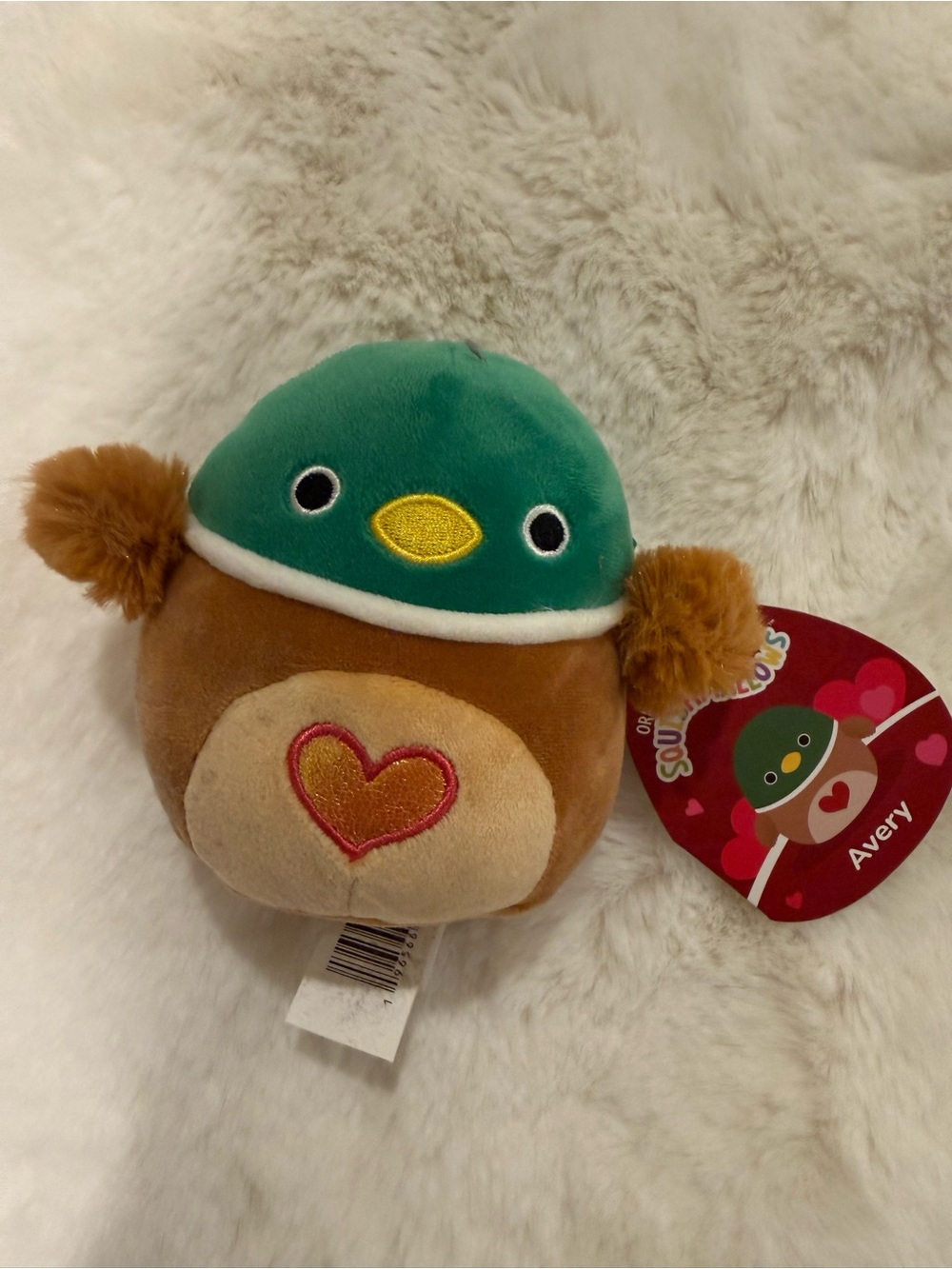 Squishmallows Avery valentine duck - Green and Brown with Heart Accent